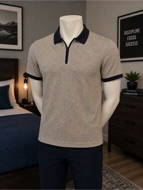 Express Beige Striped Zip Polo with Navy Trim